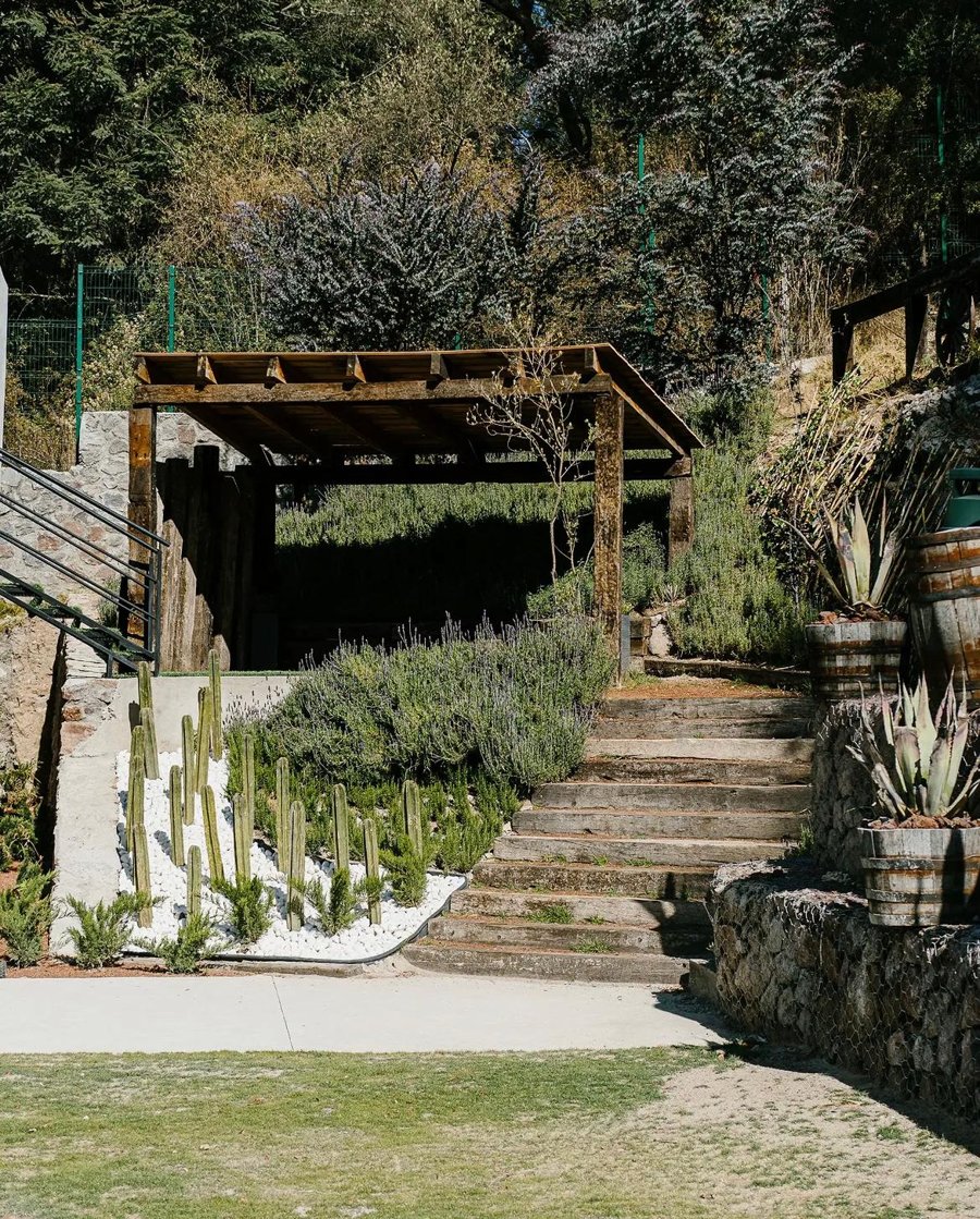 Jardín del Rancho la Peña con escalinata de piedra, agaves y vegetación